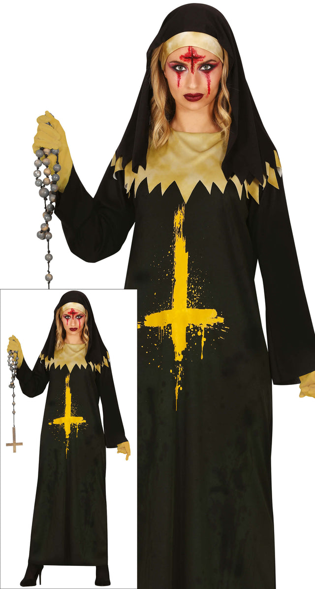 Adult women's black polyester anti-nun Halloween costume size medium 38-40, religious theme.