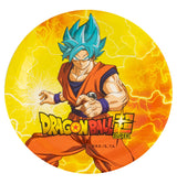 The image shows a set of 8 round party plates featuring characters from Dragon Ball Super, with a "plastic-free" label, designed for themed celebrations.