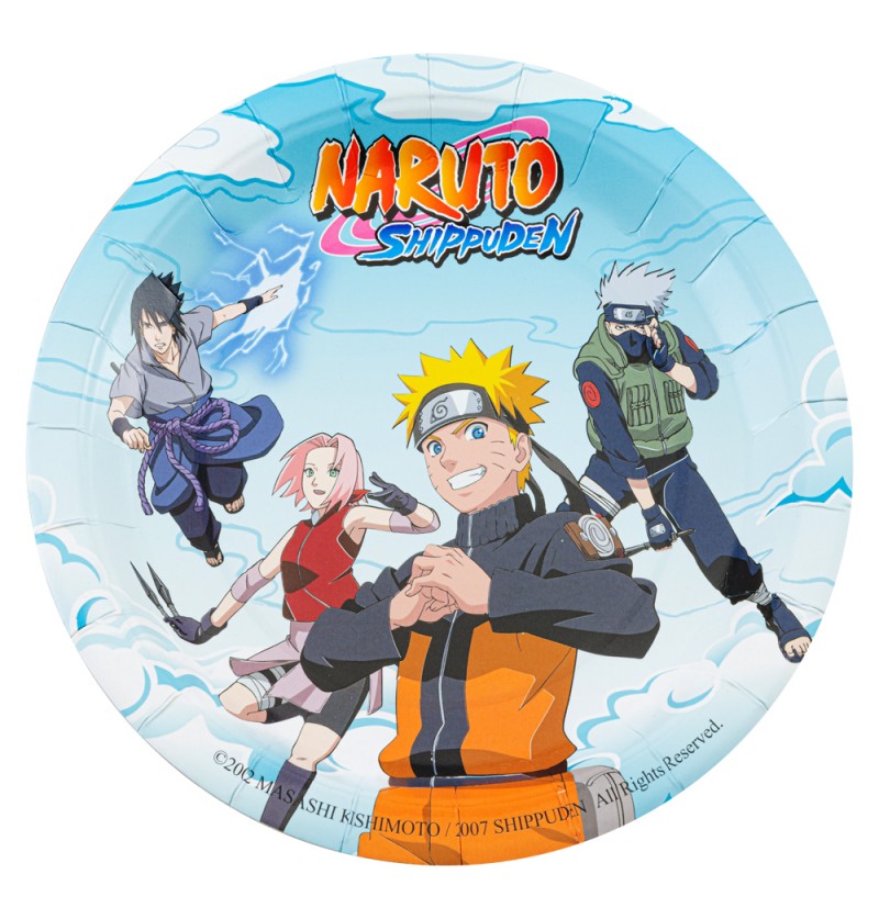 The image shows a set of Naruto Shippuden-themed party plates, featuring colorful character artwork and branding, designed for a party setting.