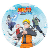 The image shows a set of Naruto Shippuden-themed party plates, featuring colorful character artwork and branding, designed for a party setting.