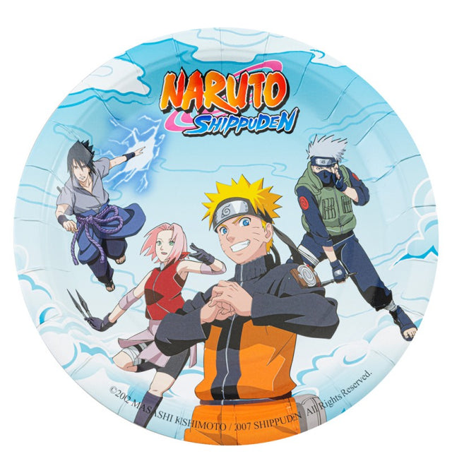 The image shows a set of Naruto Shippuden-themed party plates, featuring colorful character artwork and branding, designed for a party setting.