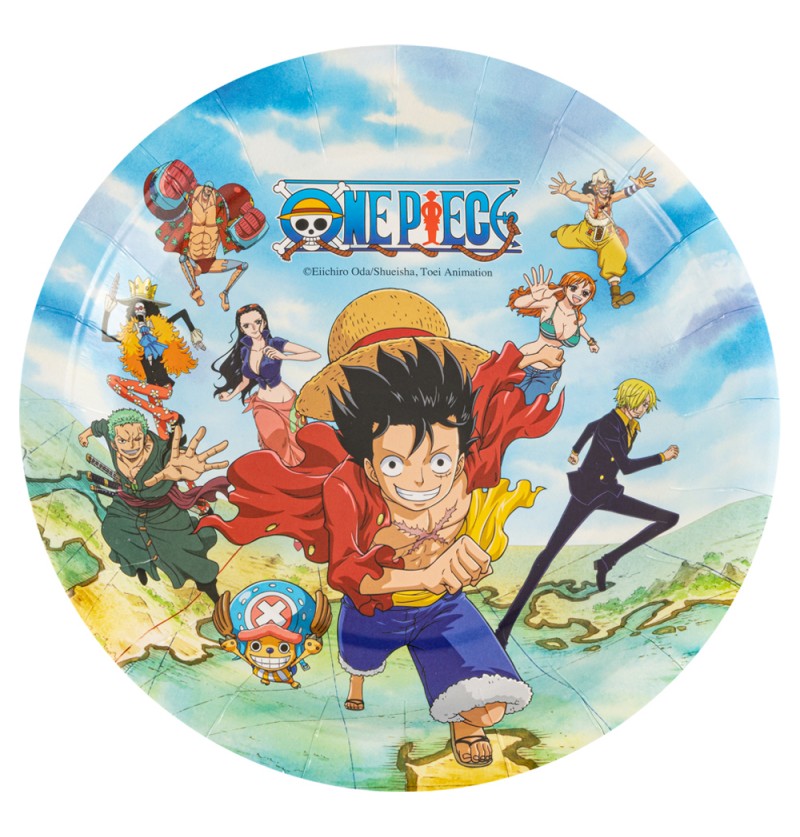 The image shows a set of party plates featuring a "One Piece" anime theme, with colorful character artwork and a plastic-free label, designed for party tableware.