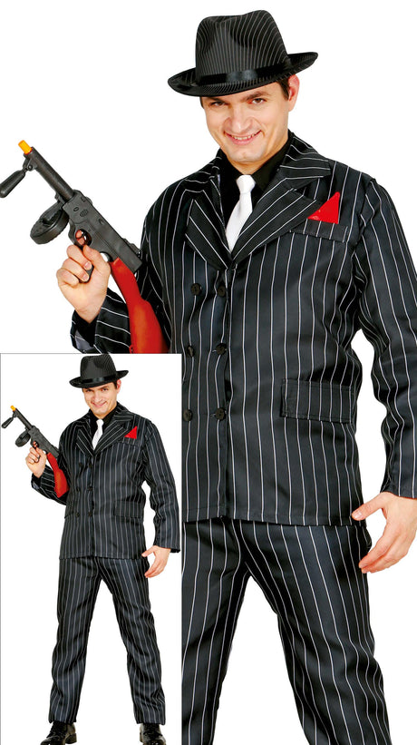 Men's 1920s gangster costume in black polyester, size large 52-54, adult male fancy dress outfit.