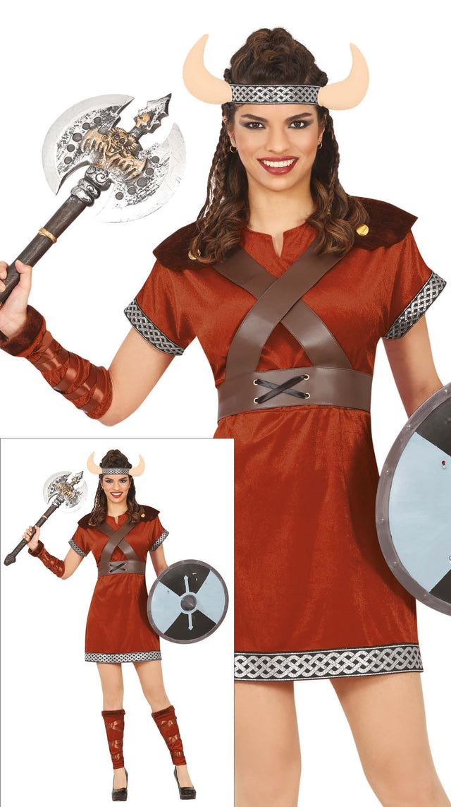 Adult women's Nordic warrior Viking costume in brown and gray polyester, size large 42-44.