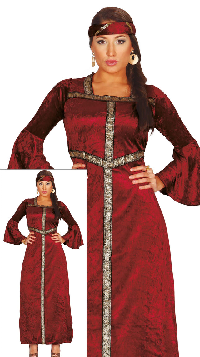 Medieval lady costume for women in size L 42-44, burgundy color, polyester material, perfect for adult princess or medieval themed parties.