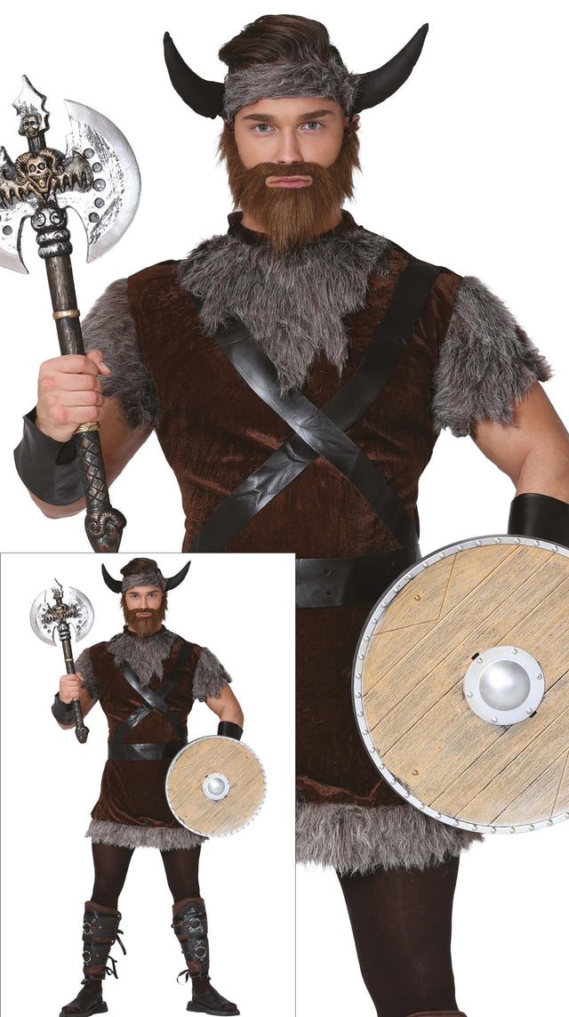 Men's Viking costume size L 52-54 in brown and gray polyester, adult fancy dress outfit for Viking theme parties.