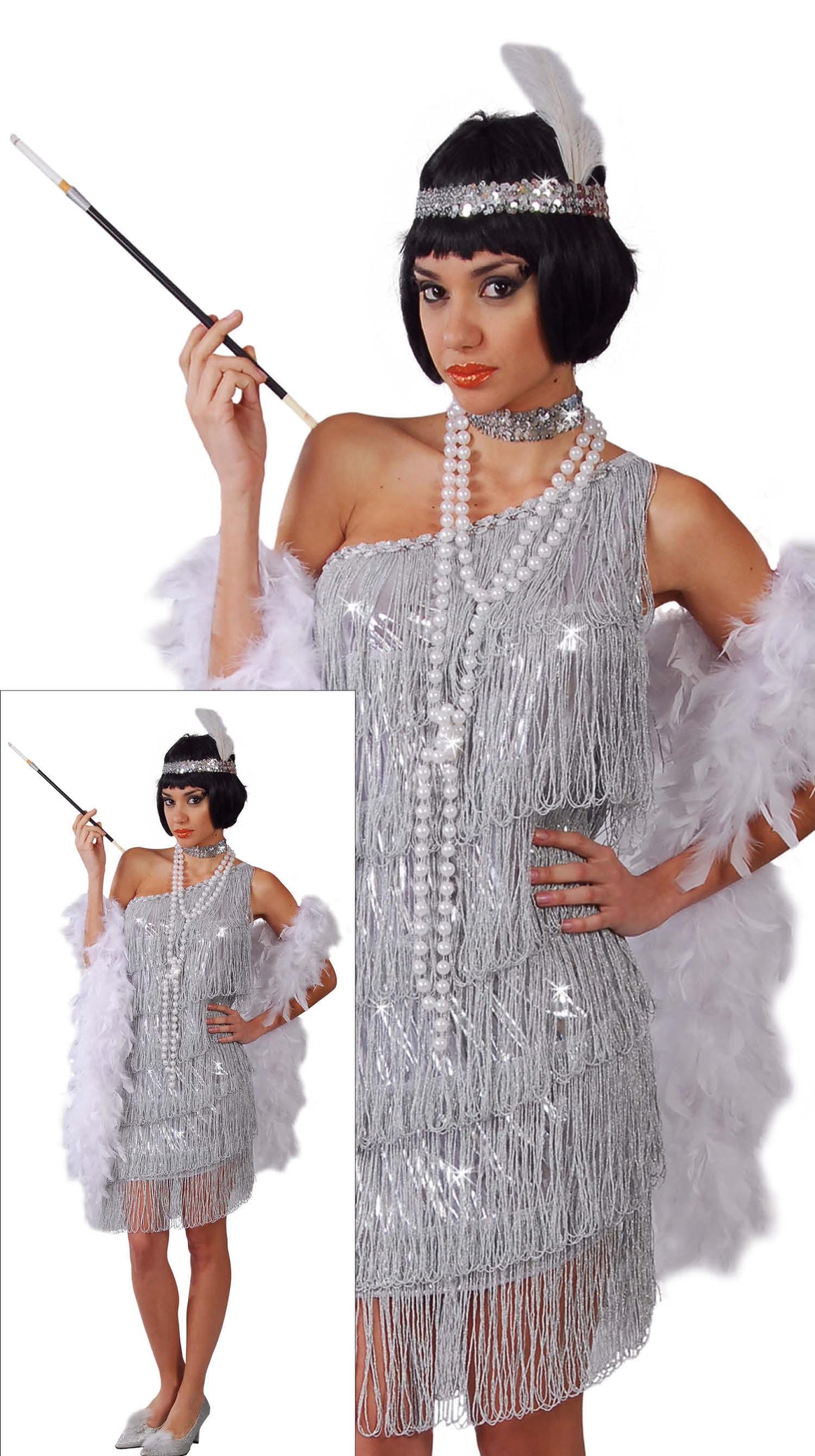 Silver 1920s Charleston flapper costume for women, size large 42-44, made of polyester, perfect for adult fancy dress parties and themed events.