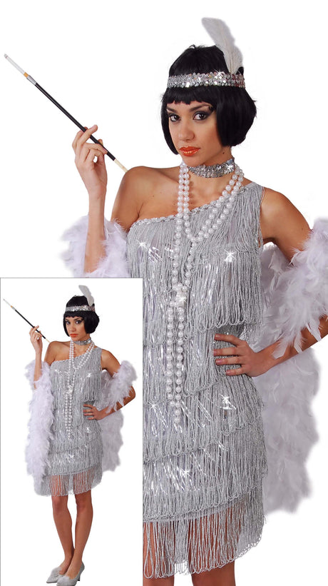 Silver 1920s Charleston flapper costume for women, size large 42-44, made of polyester, perfect for adult fancy dress parties and themed events.