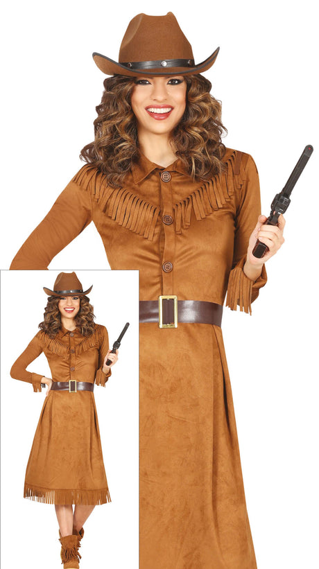 Adult women’s western cowgirl costume in brown polyester, size large, perfect for cowboy themed parties or events.