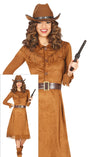 Adult women’s western cowgirl costume in brown polyester, size large, perfect for cowboy themed parties or events.