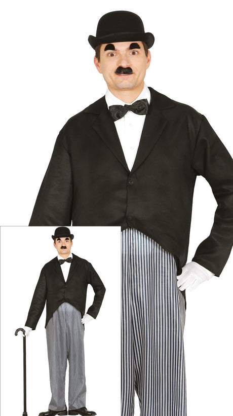 Adult men's actor costume size L 52-54 in black and gray polyester, cinema and clown theme, perfect for adult dress-up and Halloween parties.