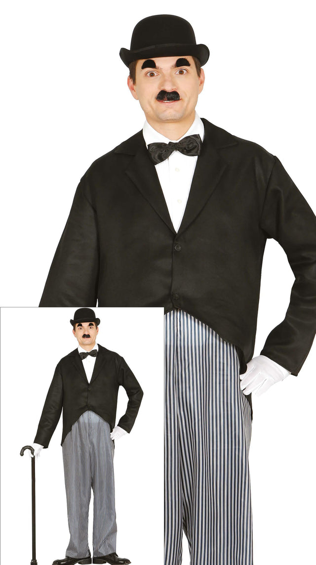 Adult men's actor costume size L 52-54 in black and gray polyester, cinema and clown theme, perfect for adult dress-up and Halloween parties.
