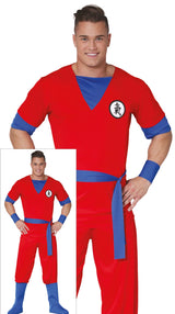 Adult men's large manga warrior costume in red and blue polyester, inspired by Asian ninja, video game, superhero, and animation themes.