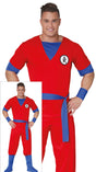 Adult men's large manga warrior costume in red and blue polyester, inspired by Asian ninja, video game, superhero, and animation themes.