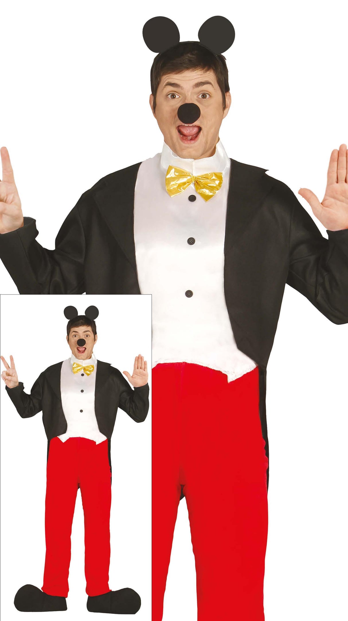 Adult men’s large mouse costume in black and red polyester, ideal for themed parties and adult dress-up events.