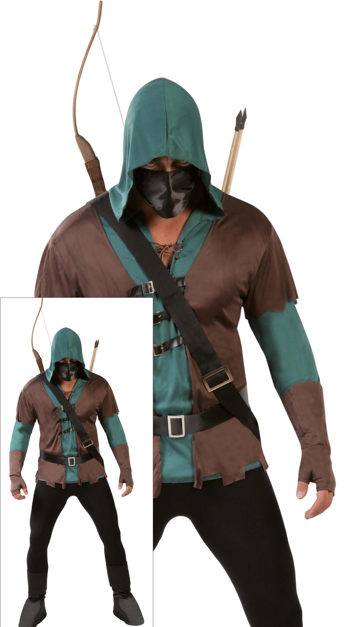 Adult men's medieval archer costume in size large 52-54, brown and green polyester, perfect for bandit or musketeer themed events.