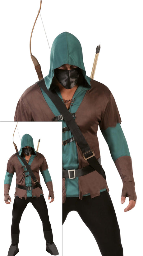 Adult men's medieval archer costume in size large 52-54, brown and green polyester, perfect for bandit or musketeer themed events.