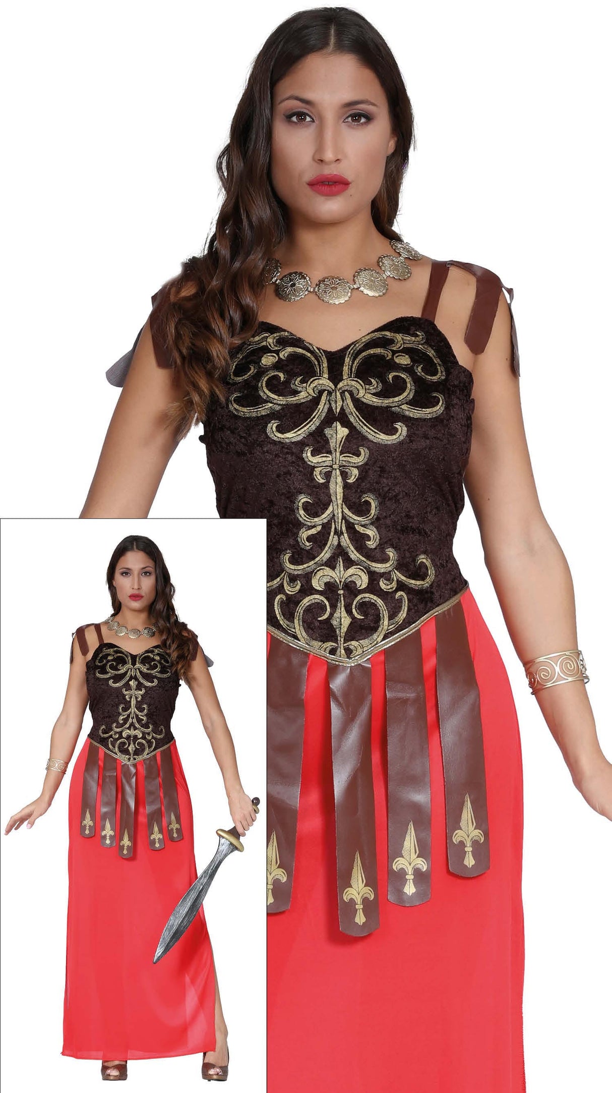 Women's Roman costume in size large 42-44, brown and red polyester, ideal for adult fancy dress or toga party.