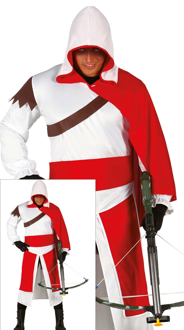 Adult men's medieval knight costume in red and white polyester, size L 52-54, perfect for movie-themed parties and cosplay.