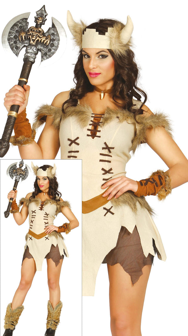 Women's Viking costume in beige and brown polyester, adult size, ideal for Viking themed parties or events.