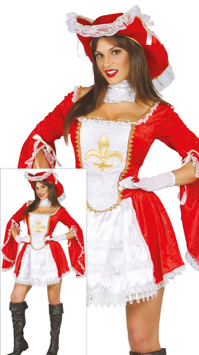 Women's musketeer costume in white and red polyester, adult size, perfect for bandit and musketeer themed parties.