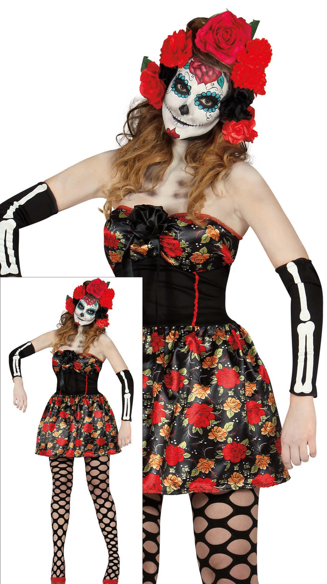 Women's floral dress costume in black and multicolor polyester, perfect for Halloween or Day of the Dead themed parties.