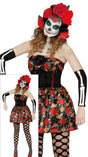 Women's floral dress costume in black and multicolor polyester, perfect for Halloween or Day of the Dead themed parties.