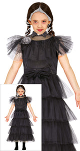Gothic girl night queen Halloween costume for girls ages 10 to 12, black polyester dress, perfect for kids' movie-themed parties.