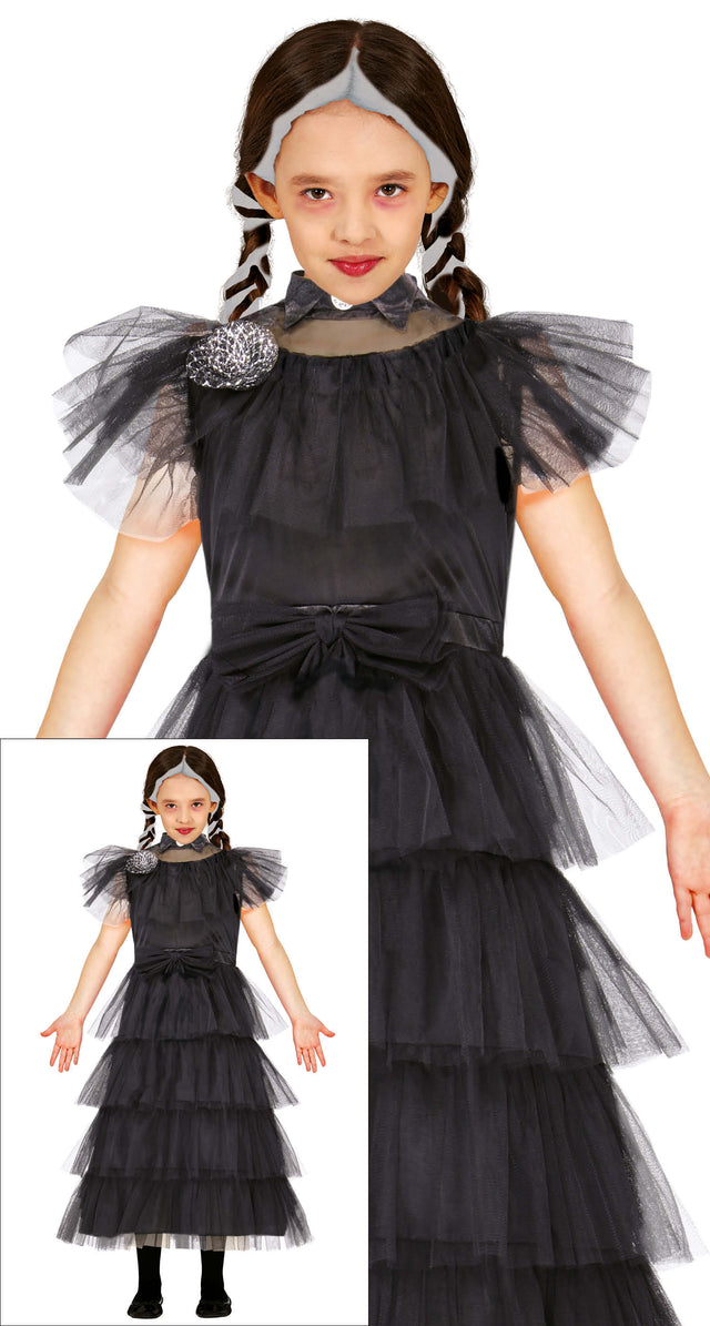 Gothic girl night queen Halloween costume for girls ages 10 to 12, black polyester dress, perfect for kids' movie-themed parties.