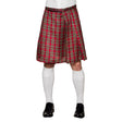Red tartan kilt for men made of 100% polyester with adjustable fit and zip pocket, Scottish style adult clothing.