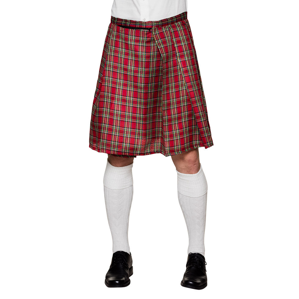 Red tartan kilt for men made of 100% polyester with adjustable fit and zip pocket, Scottish style adult clothing.
