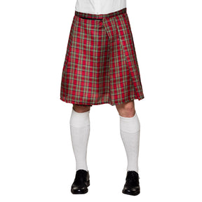 Red tartan kilt for men made of 100% polyester with adjustable fit and zip pocket, Scottish style adult clothing.