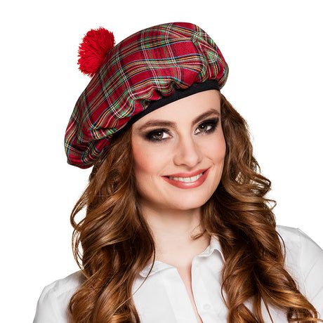 Red tartan beret for adults made of 100% polyester, unisex design, Scottish style accessory.