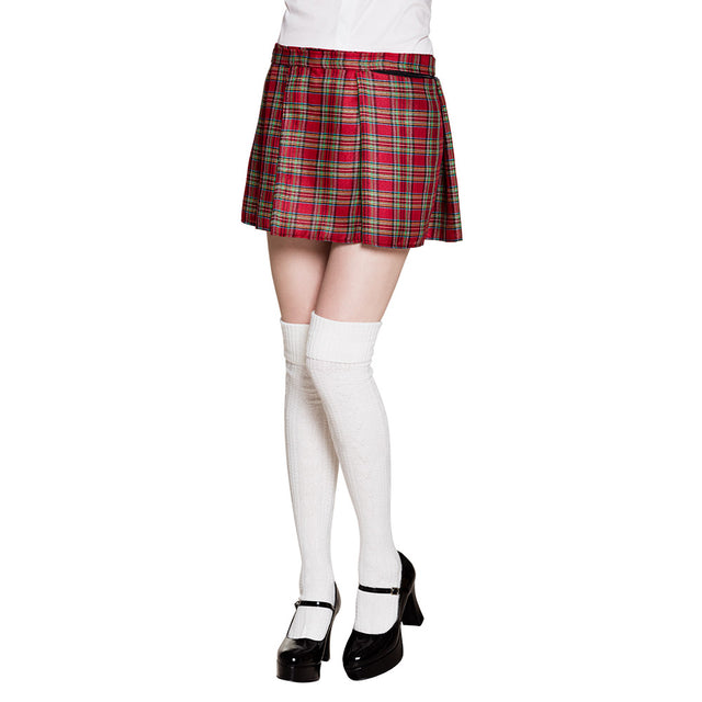 Red tartan skirt for women with zip pocket, one size, made of polyester blend, Scottish style, adult fashion.