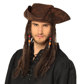 Pirate hat Dirty Joe for adults with attached brown hair, made of polyester and PET, ideal costume accessory for men.