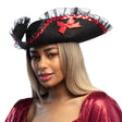 Black pirate admiral hat for women made of 100% polyester, adult size, featuring a classic design ideal for pirate costumes and themed parties.