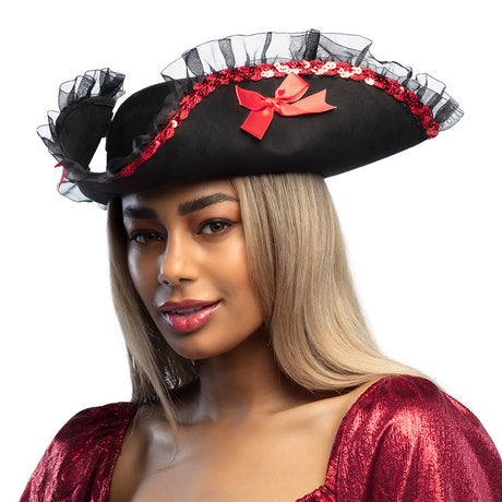 Black pirate admiral hat for women made of 100% polyester, adult size, featuring a classic design ideal for pirate costumes and themed parties.