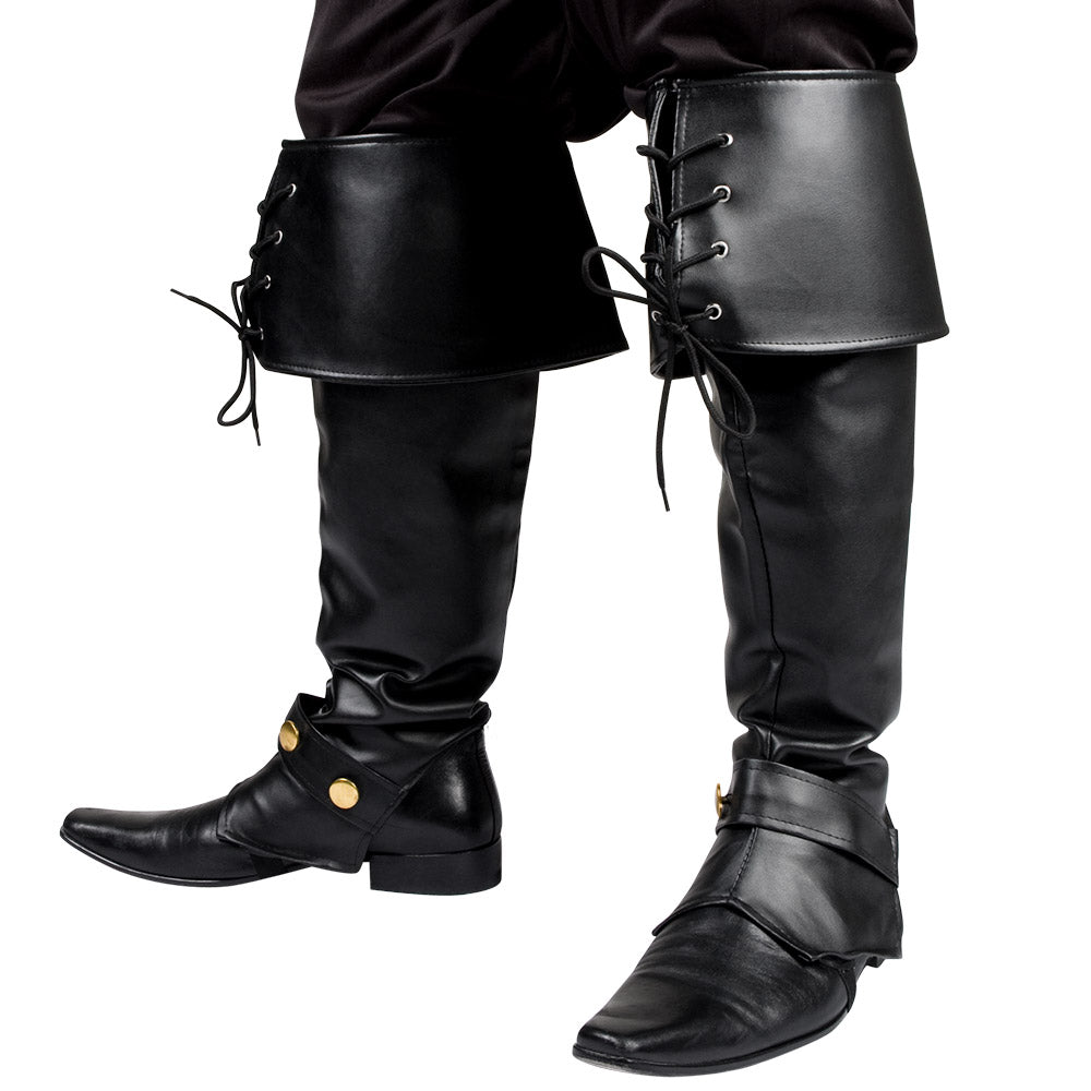 Pair of black Ryder gaiters for men, adult costume accessory ideal for pirate or musketeer outfits, made of polyurethane, polyester, and iron.