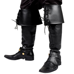 Pair of black Ryder gaiters for men, adult costume accessory ideal for pirate or musketeer outfits, made of polyurethane, polyester, and iron.