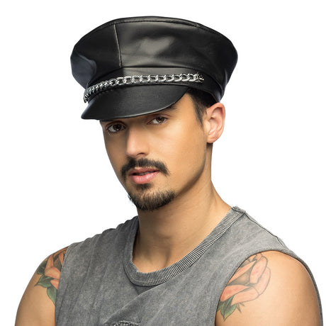 Black rocker cap for adults, unisex punk style hat made of polyurethane, iron, and polystyrene, featuring a modern design ideal for rock and punk fashion.