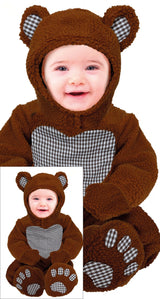 Baby unisex teddy bear costume for ages 18 to 24 months, made of polyester in brown and gray, animal theme, perfect for baby and toddler dress-up.