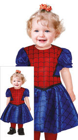 Spider heroine baby costume for 18 to 24 months in red and blue polyester, superhero toddler outfit for girls.