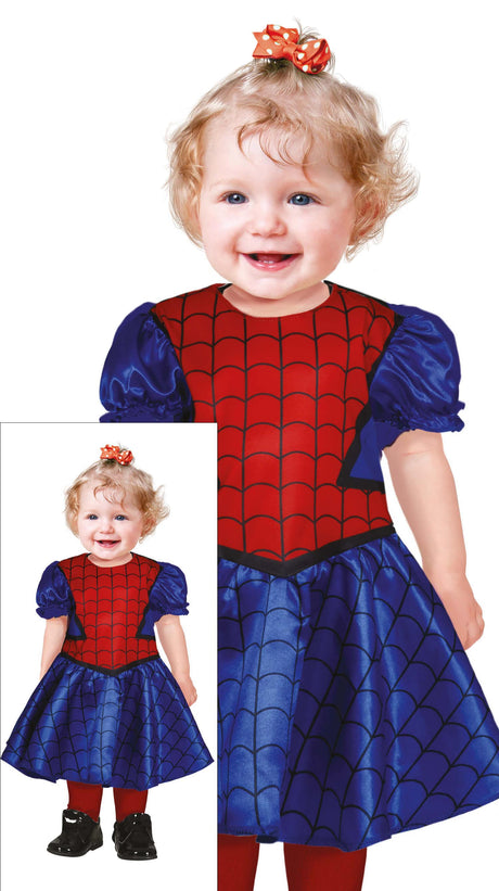Spider heroine baby costume for 18 to 24 months in red and blue polyester, superhero toddler outfit for girls.