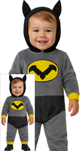 Gray polyester baby superhero costume for ages 12 to 18 months featuring a bat and cat theme, ideal for baby and toddler dress-up.