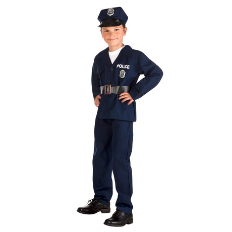 Children's police officer costume for boys ages 4 to 6, 100% polyester, includes uniform set for dress-up and role play.