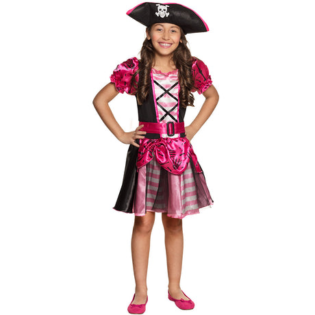 Girls pirate costume for children ages 4 to 6, made of 100% polyester, displayed in a button bag, perfect for pirate-themed parties and dress-up.