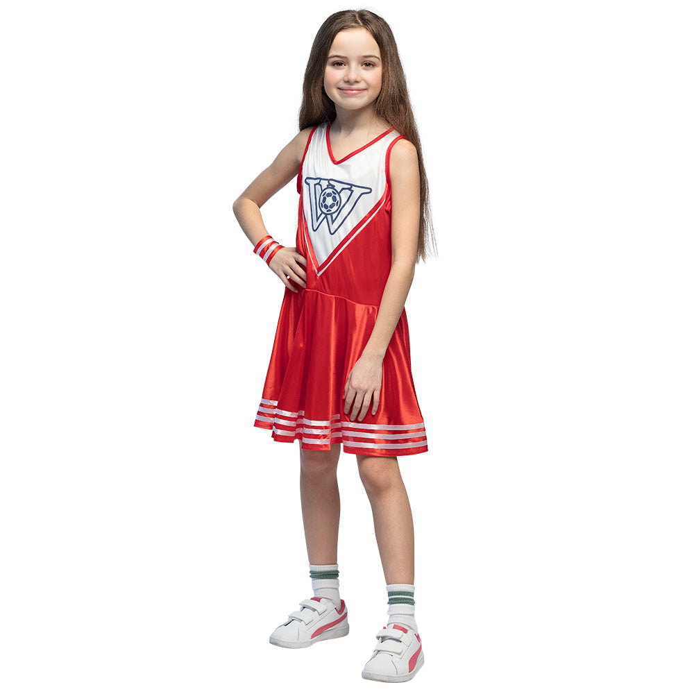 Children's cheerleader costume for girls ages 4 to 6, made of 100% polyester, perfect for dress-up and themed parties.