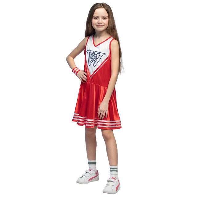Children's cheerleader costume for girls ages 4 to 6, made of 100% polyester, perfect for dress-up and themed parties.