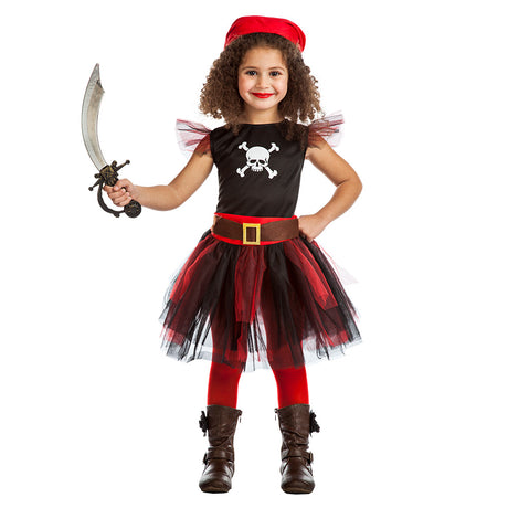 Girls pirate costume for children ages 3 to 4, featuring 100% polyester material, perfect for pirate-themed parties and dress-up.
