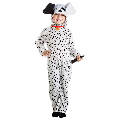 Children's Dalmatian costume for ages 3-4, black and white spotted polyester outfit, perfect for kids' dress-up and animal-themed parties.